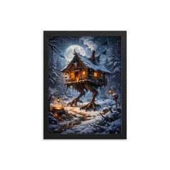 Baba Yaga hut on chicken legs winter framed print on a plain backdrop in size 12"x16".