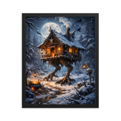 Baba Yaga hut on chicken legs winter framed print on a plain backdrop in size 16"x20".