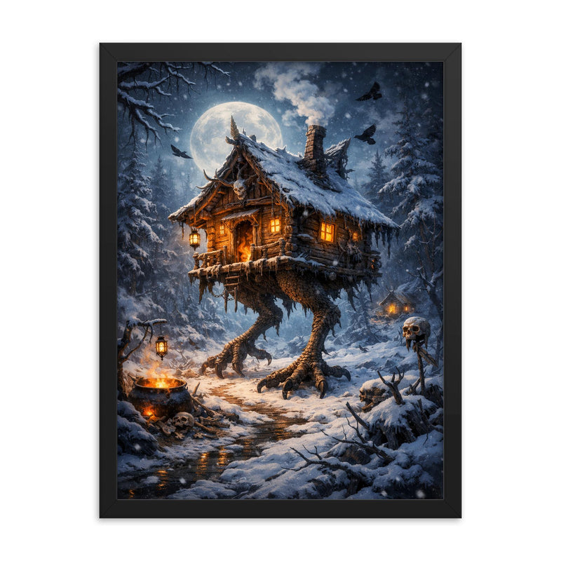 Baba Yaga hut on chicken legs winter framed print on a plain backdrop in size 18