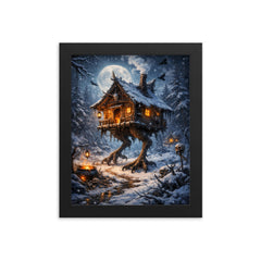Baba Yaga hut on chicken legs winter framed print on a plain backdrop in size 8"x10".
