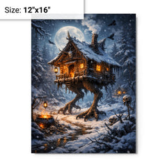 Baba Yaga hut on chicken legs winter metal print on a plain backdrop in size 12"x16".