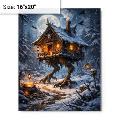 Baba Yaga hut on chicken legs winter metal print on a plain backdrop in size 16"x20".