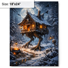 Baba Yaga hut on chicken legs winter metal print on a plain backdrop in size 18"x24".