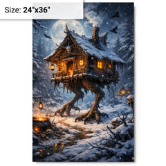 Baba Yaga hut on chicken legs winter metal print on a plain backdrop in size 24"x36".