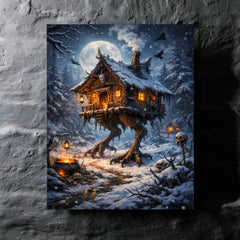 Baba Yaga hut on chicken legs winter metal print mockup