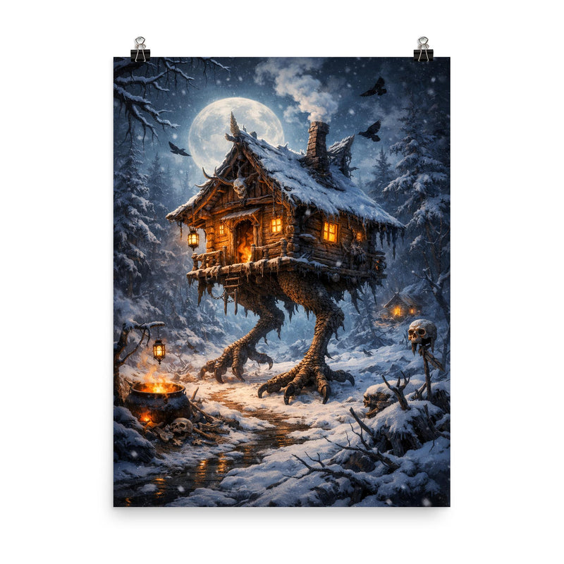 Baba Yaga hut on chicken legs winter poster on a plain backdrop in size 8