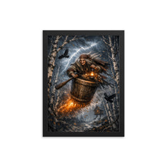 Baba Yaga mortar flight through storm birches framed print on a plain backdrop in size 12"x16".