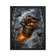 Baba Yaga mortar flight through storm birches framed print on a plain backdrop in size 16"x20".