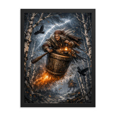 Baba Yaga mortar flight through storm birches framed print on a plain backdrop in size 18"x24".