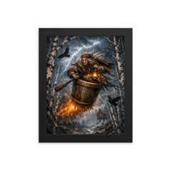 Baba Yaga mortar flight through storm birches framed print on a plain backdrop in size 8"x10".
