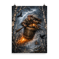 Baba Yaga mortar flight through storm birches poster on a plain backdrop in size 8"x10".