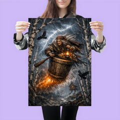 Baba Yaga mortar flight through storm birches poster 3