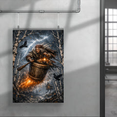 Baba Yaga mortar flight through storm birches poster 4