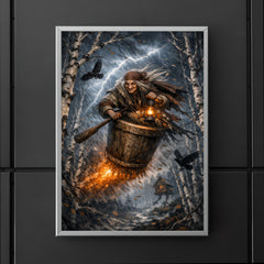 Baba Yaga mortar flight through storm birches poster 5