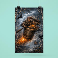 Baba Yaga mortar flight through storm birches poster 6