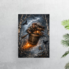 Baba Yaga mortar flight through storm birches poster 7