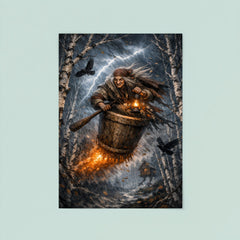 Baba Yaga mortar flight through storm birches poster 8