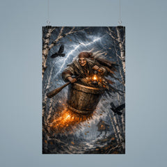 Baba Yaga mortar flight through storm birches poster 9