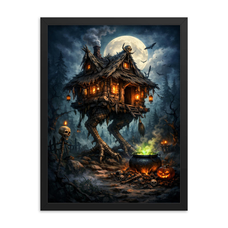 Baba Yaga's hut on chicken legs framed print on a plain backdrop in size 18