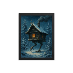 Baba Yaga’s hut stalking through snowy pines framed print on a plain backdrop in size 12"x16".