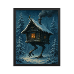 Baba Yaga’s hut stalking through snowy pines framed print on a plain backdrop in size 16"x20".