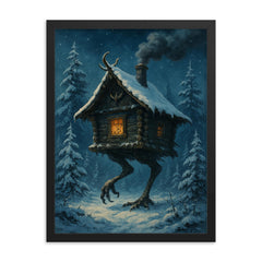 Baba Yaga’s hut stalking through snowy pines framed print on a plain backdrop in size 18"x24".