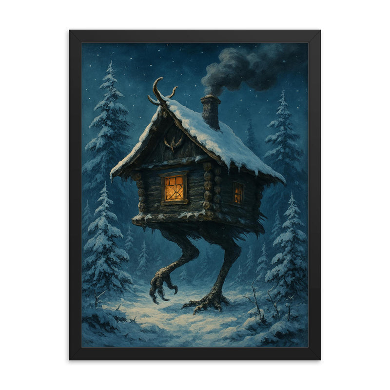 Baba Yaga’s hut stalking through snowy pines framed print on a plain backdrop in size 18