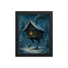 Baba Yaga’s hut stalking through snowy pines framed print on a plain backdrop in size 8"x10".