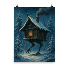 Baba Yaga’s hut stalking through snowy pines poster on a plain backdrop in size 8"x10".