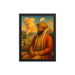 Babur in charbagh with cannon smoke framed print on a plain backdrop in size 12"x16".
