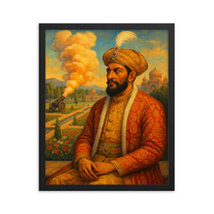 Babur in charbagh with cannon smoke framed print on a plain backdrop in size 16"x20".