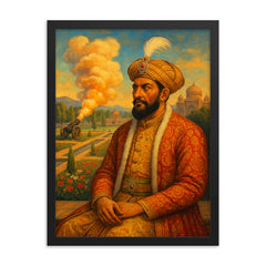 Babur in charbagh with cannon smoke framed print on a plain backdrop in size 18"x24".
