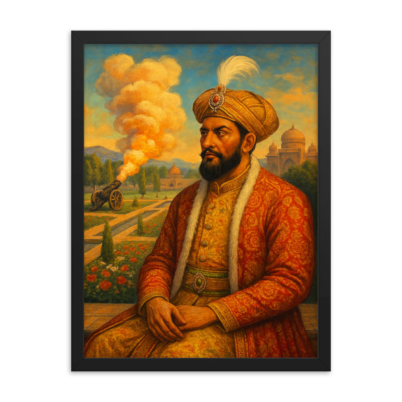 Babur in charbagh with cannon smoke framed print on a plain backdrop in size 18