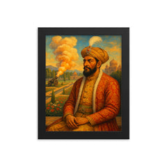Babur in charbagh with cannon smoke framed print on a plain backdrop in size 8"x10".