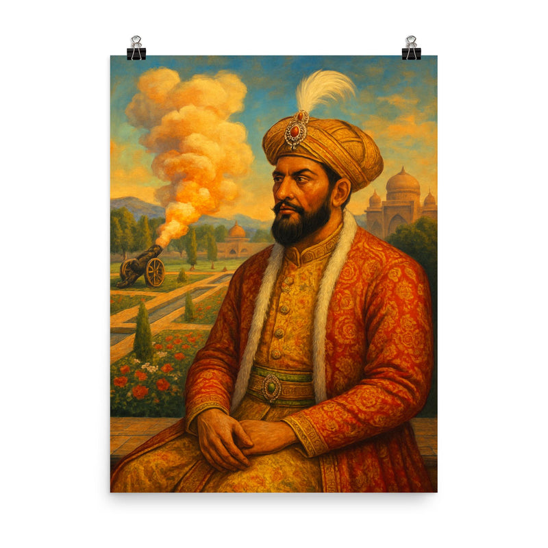 Babur in charbagh with cannon smoke poster on a plain backdrop in size 8