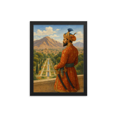 Babur overlooking Kabul garden and mountains framed print on a plain backdrop in size 12"x16".