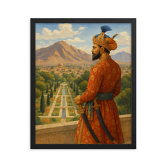 Babur overlooking Kabul garden and mountains framed print on a plain backdrop in size 16"x20".
