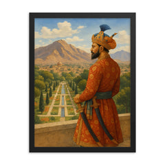 Babur overlooking Kabul garden and mountains framed print on a plain backdrop in size 18"x24".