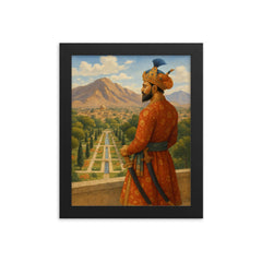Babur overlooking Kabul garden and mountains framed print on a plain backdrop in size 8"x10".