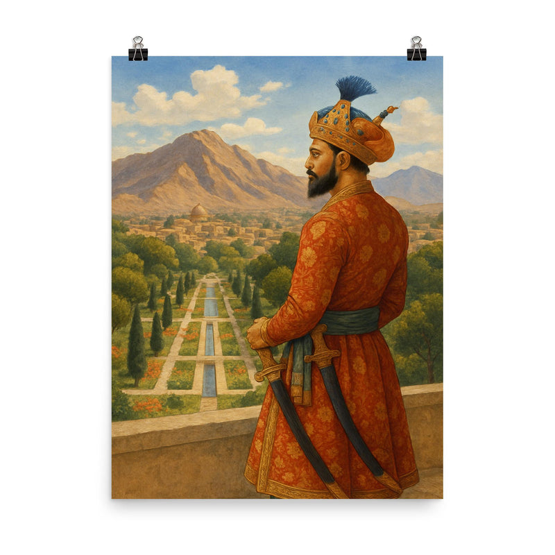 Babur overlooking Kabul garden and mountains poster on a plain backdrop in size 8