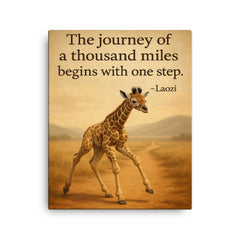 baby giraffe first step journey ahead inspiring quote laozi the journey of a thousand miles begins canvas print on a plain backdrop in size 16"x20".
