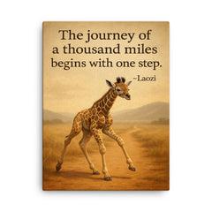 baby giraffe first step journey ahead inspiring quote laozi the journey of a thousand miles begins canvas print on a plain backdrop in size 18"x24".