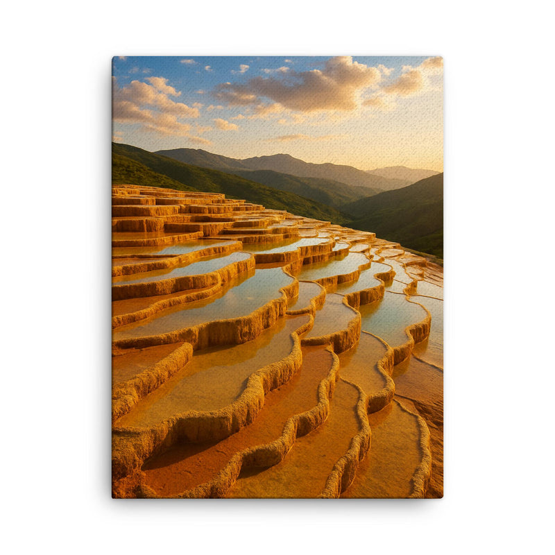 Badab e Surt Travertine Terraces Iran canvas print on a plain backdrop in size 18