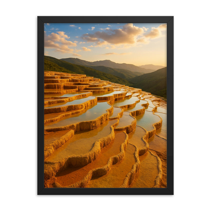 Badab e Surt Travertine Terraces Iran framed print on a plain backdrop in size 18