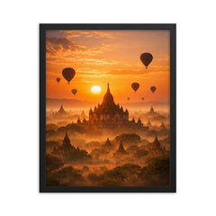 Bagan temple plain at hot air sunrise haze framed print on a plain backdrop in size 16"x20".