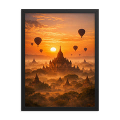 Bagan temple plain at hot air sunrise haze framed print on a plain backdrop in size 18"x24".