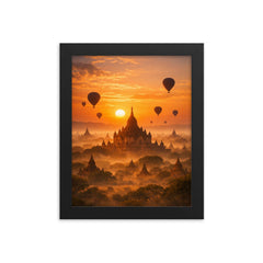 Bagan temple plain at hot air sunrise haze framed print on a plain backdrop in size 8"x10".