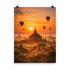 Bagan temple plain at hot air sunrise haze poster on a plain backdrop in size 8"x10".