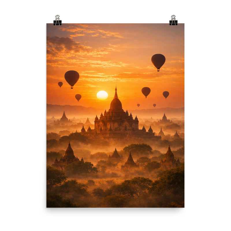Bagan temple plain at hot air sunrise haze poster on a plain backdrop in size 8