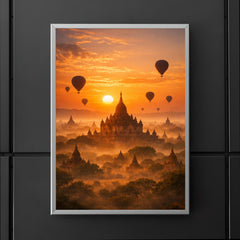 Bagan temple plain at hot air sunrise haze poster 5